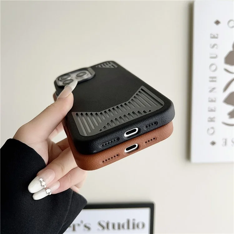 For iPhone 16 Pro Max Magnetic Case PU Leather Aluminium Alloy Heat Dissipation Phone Back Cover - Black