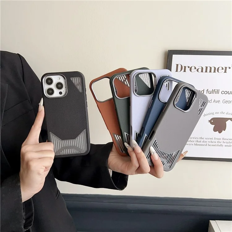 For iPhone 16 Pro Magnetic Case PU Leather Aluminium Alloy Heat Dissipation Phone Back Cover - Black