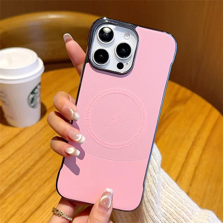 Funda para iPhone 15 Pro Max Compatible con MagSafe, Borde sin Marco, PC + Cuero PU, Carcasa Trasera - Rosa