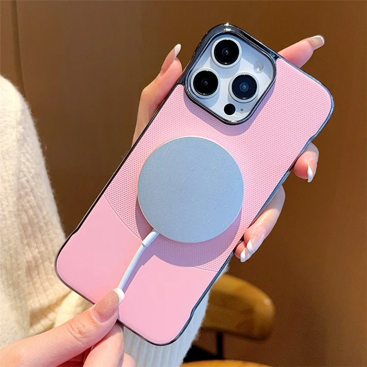 Funda para iPhone 15 Pro Max Compatible con MagSafe, Borde sin Marco, PC + Cuero PU, Carcasa Trasera - Rosa