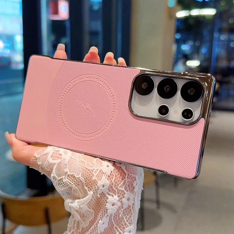 For Samsung Galaxy S25 Ultra Magnetic Case Borderless PC + PU Leather Phone Back Cover - Pink