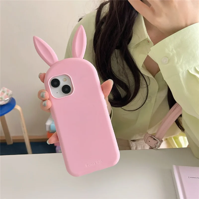For iPhone 15 Silicone Case Cute Rabbit Ear Design Shockproof Phone Back Cover - Light Pink