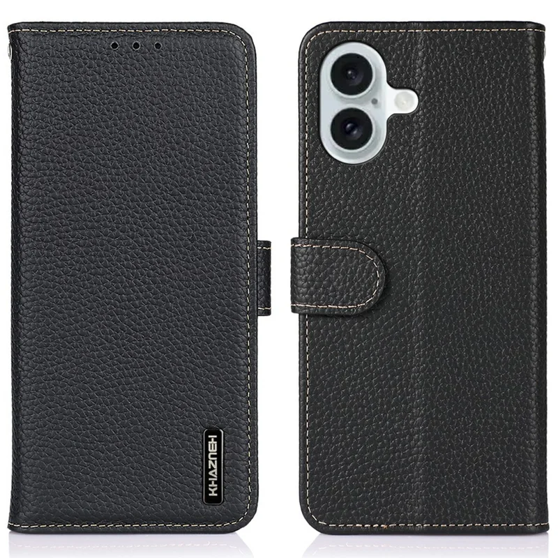 KHAZNEH Para iPhone 17 Capa de Couro Genuíno de Vaca com Textura de Couro de Lichia - Preto