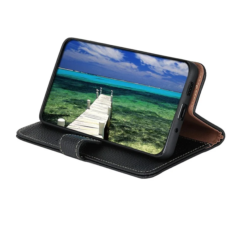 KHAZNEH Para iPhone 17 Capa de Couro Genuíno de Vaca com Textura de Couro de Lichia - Preto