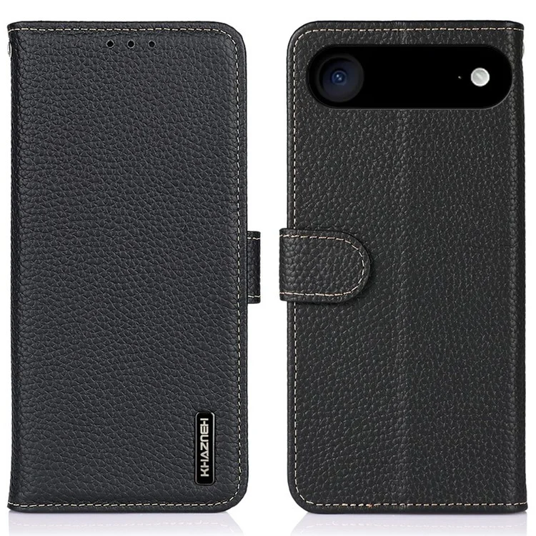 KHAZNEH For iPhone 17 Air Case Litchi Texture Genuine Cow Leather Flip Phone Cover - Black
