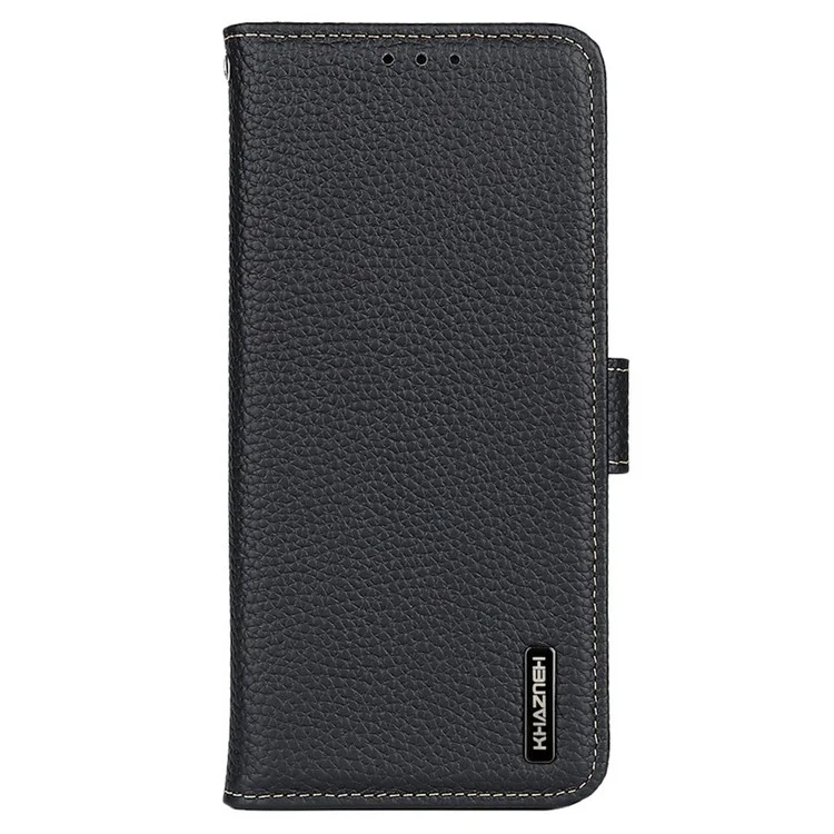 KHAZNEH For iPhone 17 Air Case Litchi Texture Genuine Cow Leather Flip Phone Cover - Black