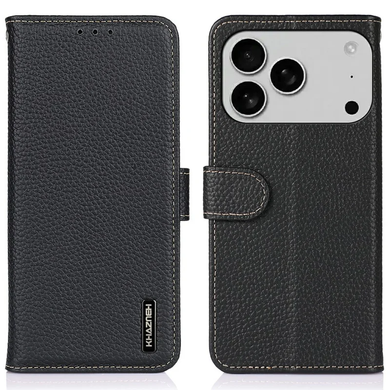 KHAZNEH Pour iPhone 17 Pro Max Étui Texture Litchi Véritable Cuir de Vache Rabat Couvre-téléphone - Noir