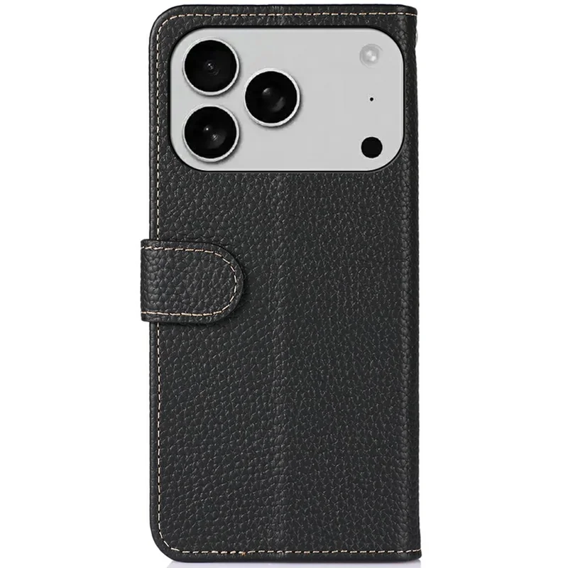 KHAZNEH Pour iPhone 17 Pro Max Étui Texture Litchi Véritable Cuir de Vache Rabat Couvre-téléphone - Noir