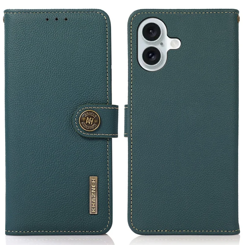 KHAZNEH para iPhone 17 Capa de Couro Genuíno de Vaca Bloqueador RFID Carteira Capa de Celular - Verde