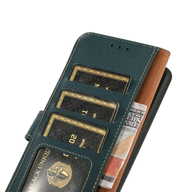 KHAZNEH for iPhone 17 Air Case Genuine Cow Leather RFID Blocking Wallet Phone Cover - Green