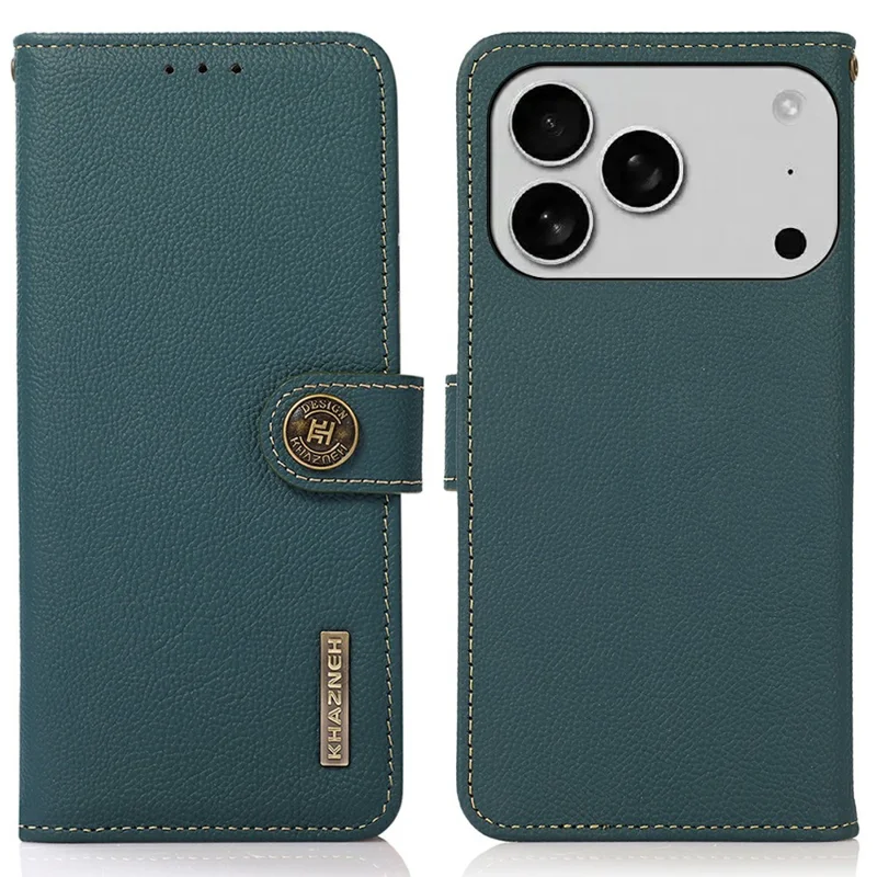 KHAZNEH for iPhone 17 Pro Max Case Genuine Cow Leather RFID Blocking Wallet Phone Cover - Green