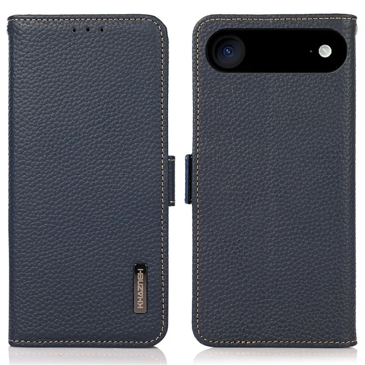 KHAZNEH for iPhone 17 Air Phone Case RFID Blocking Wallet Litchi Texture Genuine Cow Leather Cover - Blue
