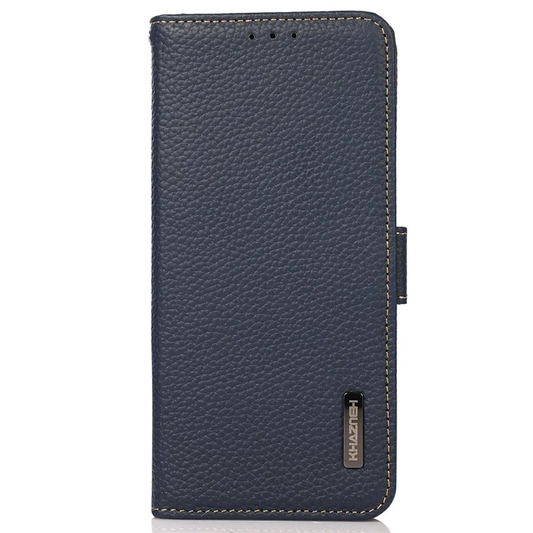KHAZNEH for iPhone 17 Air Phone Case RFID Blocking Wallet Litchi Texture Genuine Cow Leather Cover - Blue