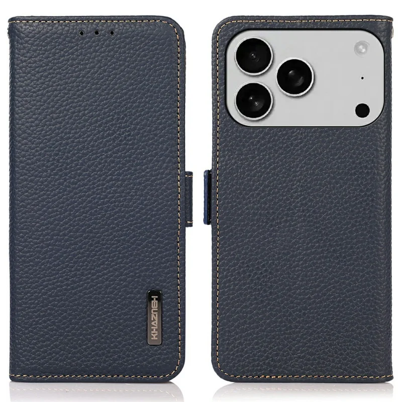 KHAZNEH pour iPhone 17 Pro Max Étui Portefeuille Bloquant RFID en Cuir de Vache Véritable Texture Litchi - Bleu