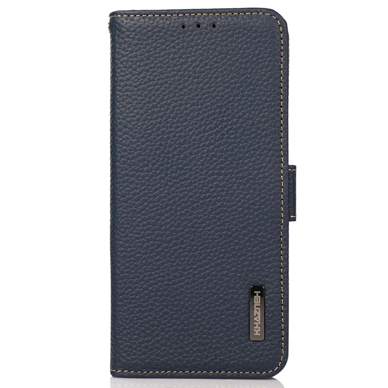 KHAZNEH pour iPhone 17 Pro Max Étui Portefeuille Bloquant RFID en Cuir de Vache Véritable Texture Litchi - Bleu