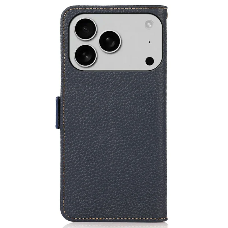 KHAZNEH pour iPhone 17 Pro Max Étui Portefeuille Bloquant RFID en Cuir de Vache Véritable Texture Litchi - Bleu