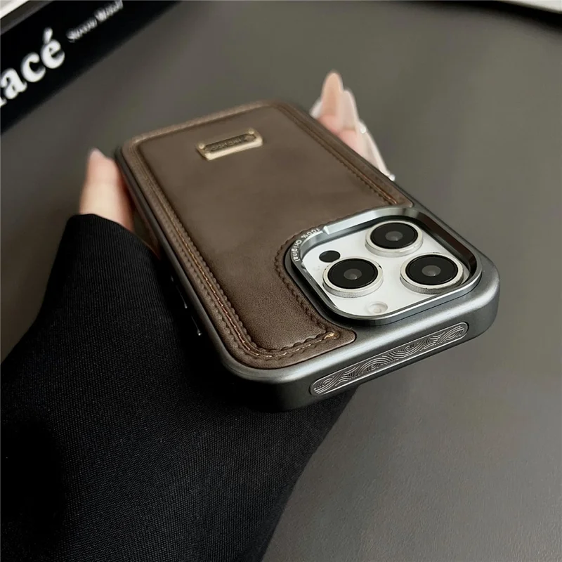 For iPhone 16 Pro Max Case PC + PU Leather Shockproof Phone Back Cover - Black
