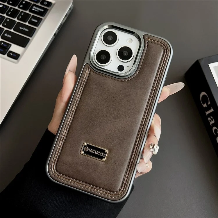 Étui pour iPhone 16 Pro en PC + Cuir PU Antichoc Coque Arrière - Café