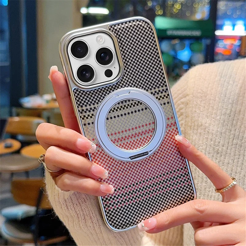 For iPhone 16 Pro Max Magnetic Case Kickstand Electroplated PC + PU Leather Phone Back Cover - Silver