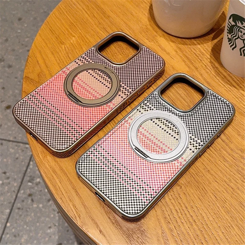 For iPhone 16 Pro Max Magnetic Case Kickstand Electroplated PC + PU Leather Phone Back Cover - Silver