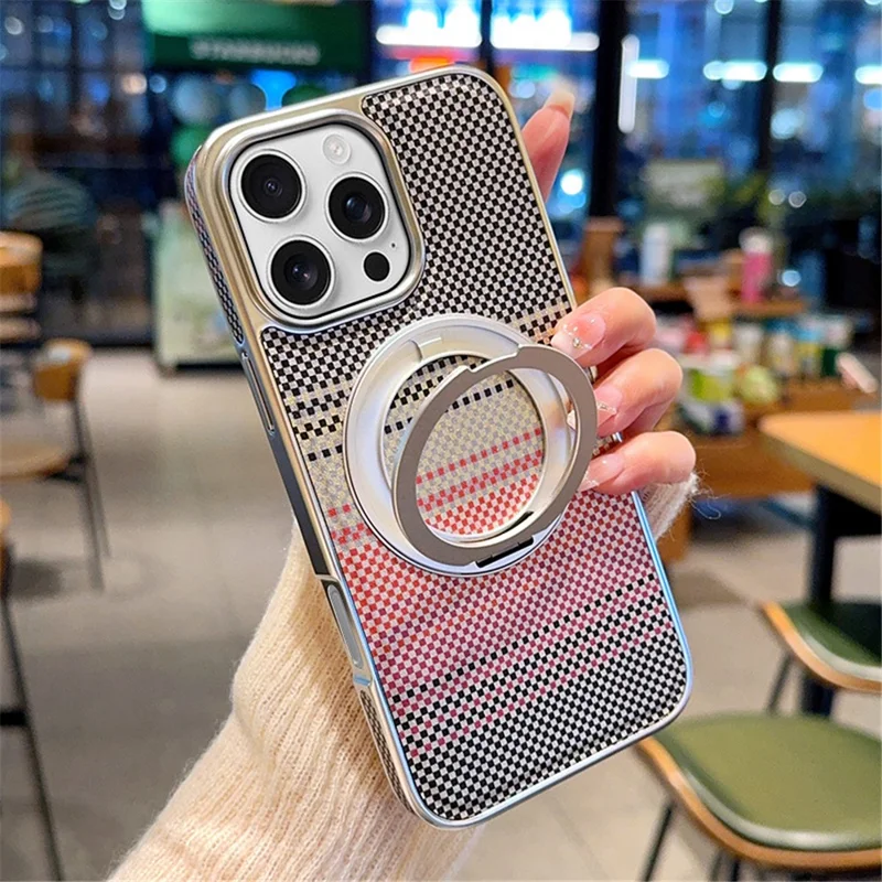 For iPhone 16 Pro Magnetic Case Kickstand Electroplated PC + PU Leather Phone Back Cover - Silver