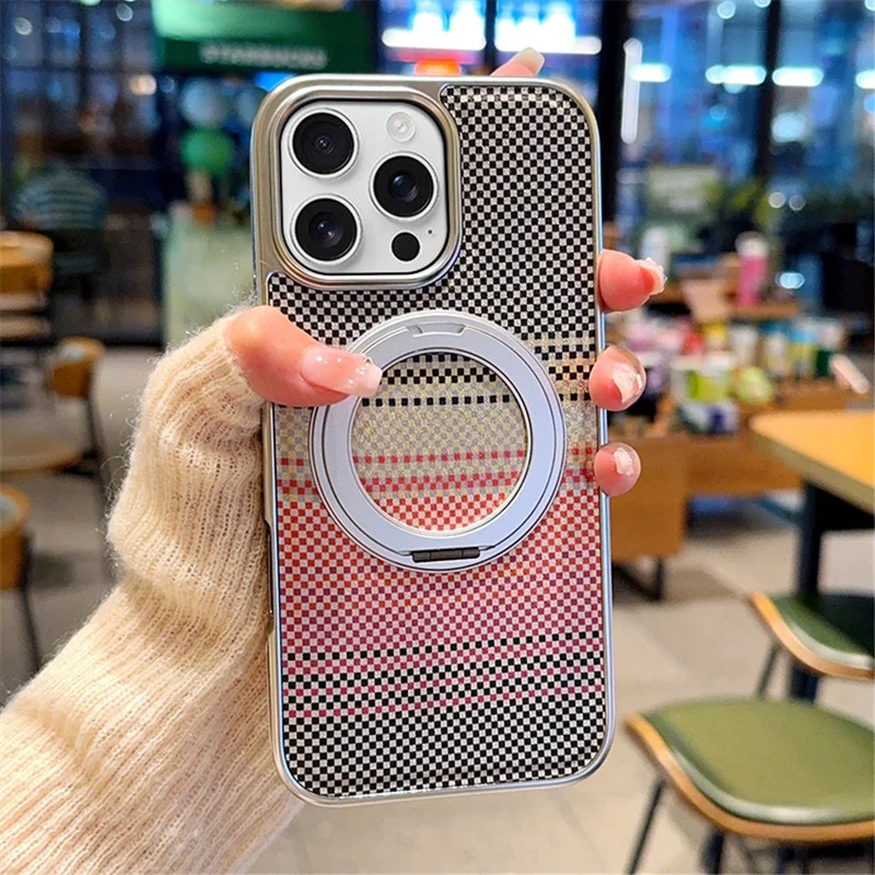 For iPhone 16 Pro Magnetic Case Kickstand Electroplated PC + PU Leather Phone Back Cover - Silver
