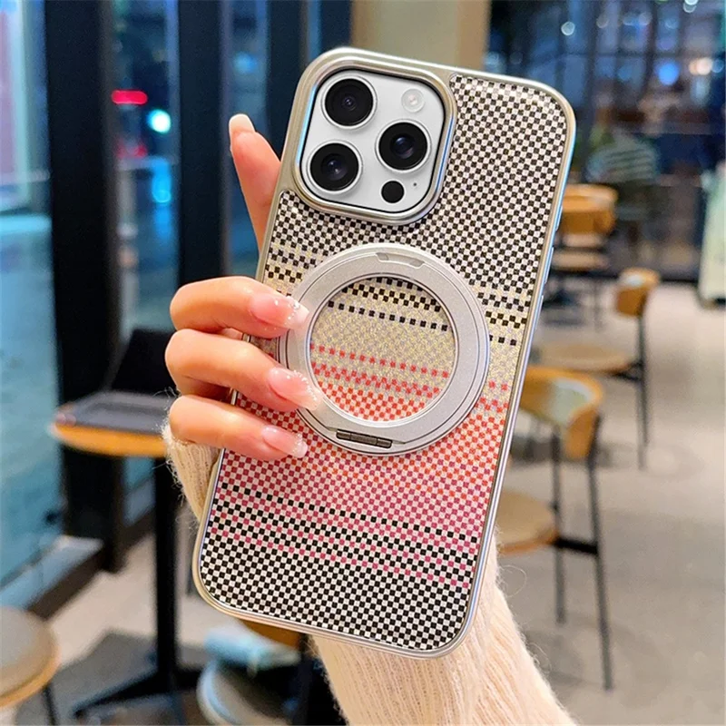 For iPhone 16 Pro Magnetic Case Kickstand Electroplated PC + PU Leather Phone Back Cover - Silver