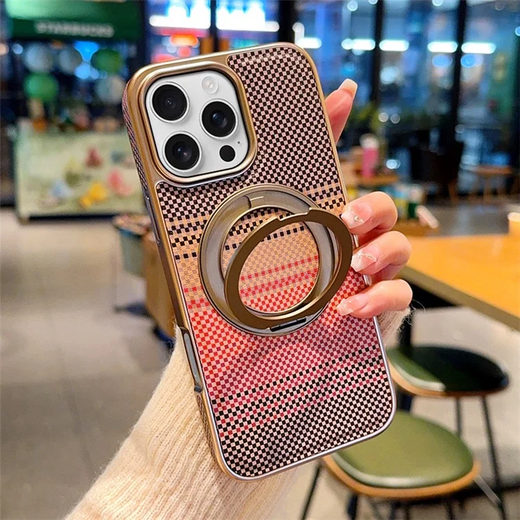 For iPhone 16 Pro Magnetic Case Kickstand Electroplated PC + PU Leather Phone Back Cover - Brown