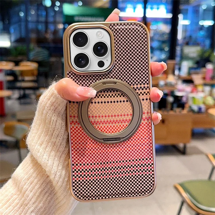 For iPhone 16 Pro Magnetic Case Kickstand Electroplated PC + PU Leather Phone Back Cover - Brown