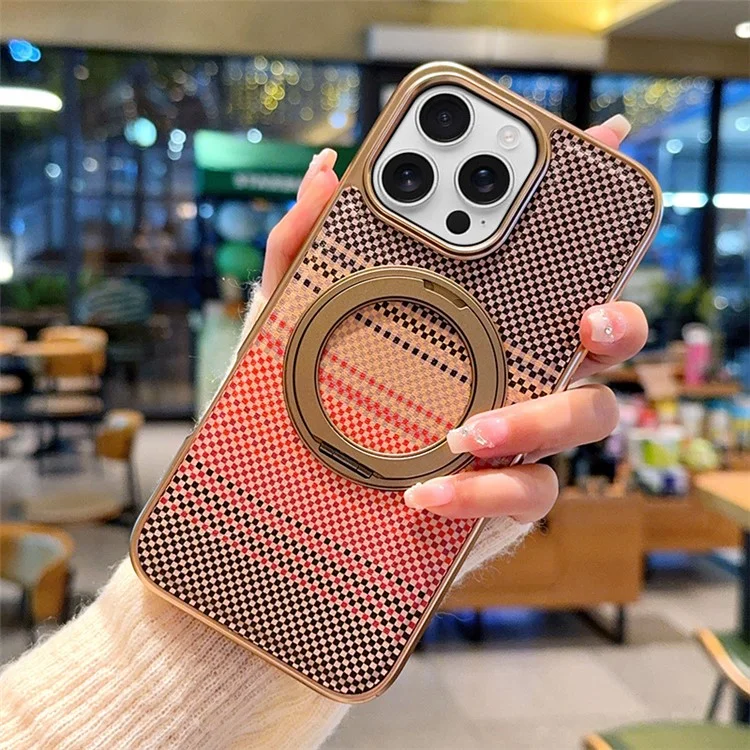 For iPhone 16 Pro Magnetic Case Kickstand Electroplated PC + PU Leather Phone Back Cover - Brown