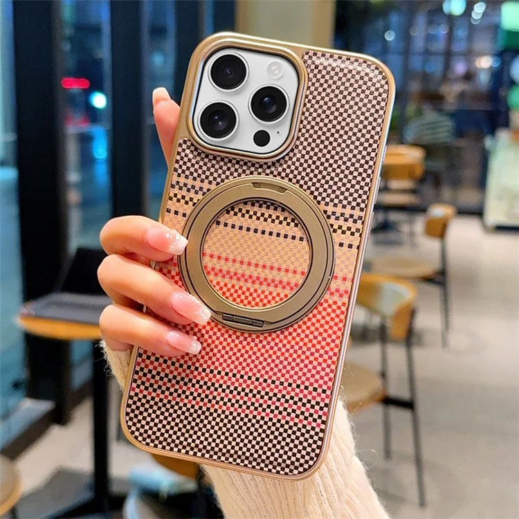 For iPhone 16 Pro Magnetic Case Kickstand Electroplated PC + PU Leather Phone Back Cover - Brown