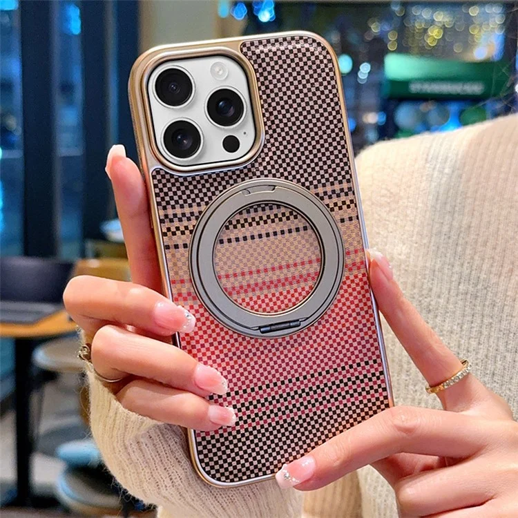 For iPhone 16 Pro Magnetic Case Kickstand Electroplated PC + PU Leather Phone Back Cover - Brown