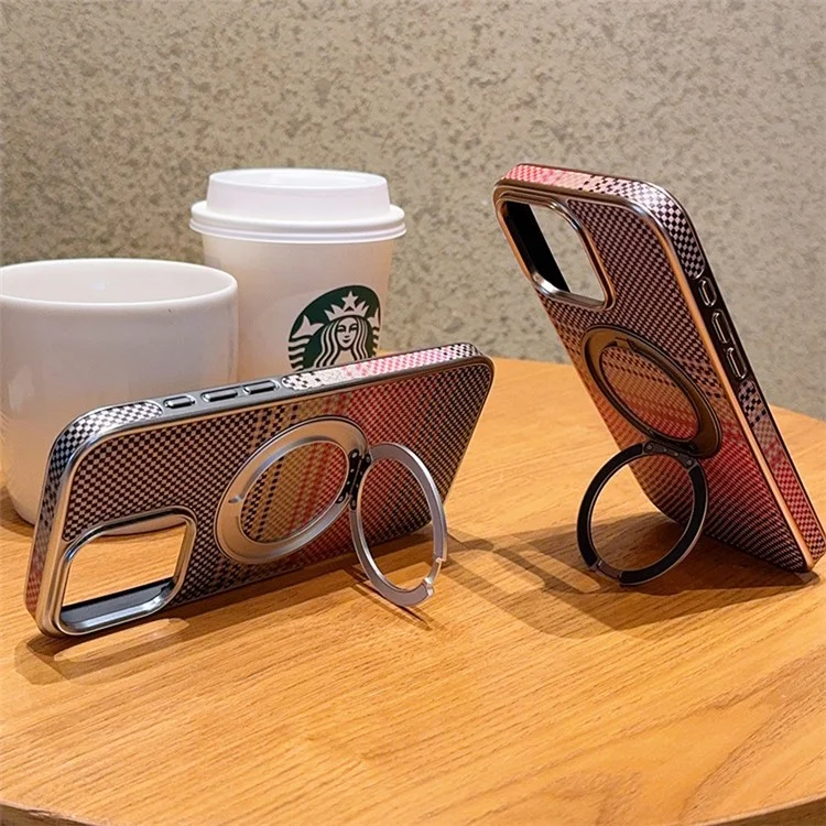 For iPhone 16 Pro Magnetic Case Kickstand Electroplated PC + PU Leather Phone Back Cover - Brown
