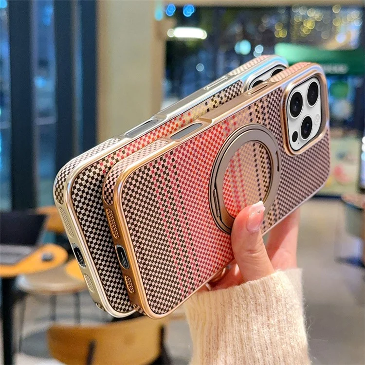 For iPhone 16 Pro Magnetic Case Kickstand Electroplated PC + PU Leather Phone Back Cover - Brown