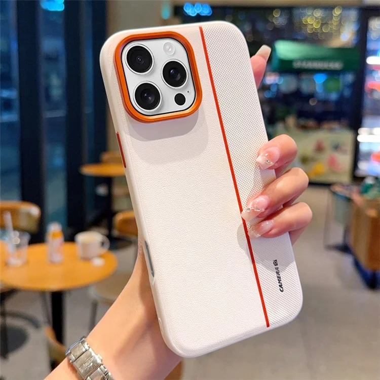 Coque pour iPhone 16 Pro Max Hybride PC + Cuir PU avec Bague de Lentille Métallique / Boutons - Blanc