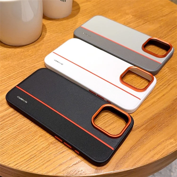 Coque pour iPhone 16 Pro Max Hybride PC + Cuir PU avec Bague de Lentille Métallique / Boutons - Blanc