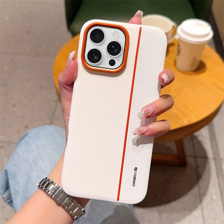 Coque pour iPhone 16 Pro Max Hybride PC + Cuir PU avec Bague de Lentille Métallique / Boutons - Blanc