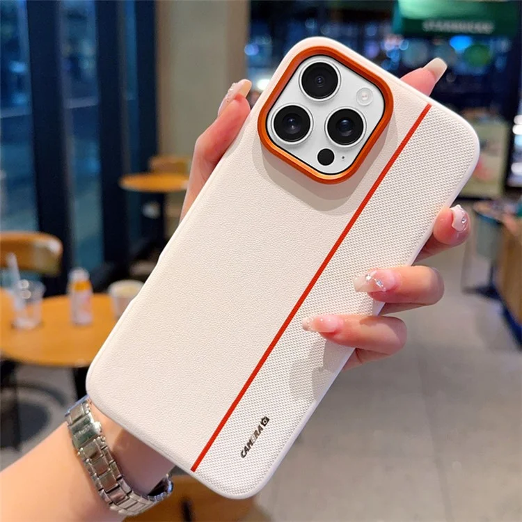Coque pour iPhone 16 Pro Max Hybride PC + Cuir PU avec Bague de Lentille Métallique / Boutons - Blanc