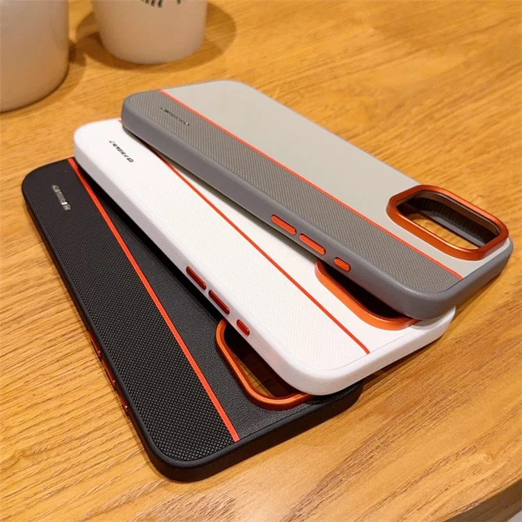 Coque pour iPhone 16 Pro Max Hybride PC + Cuir PU avec Bague de Lentille Métallique / Boutons - Blanc