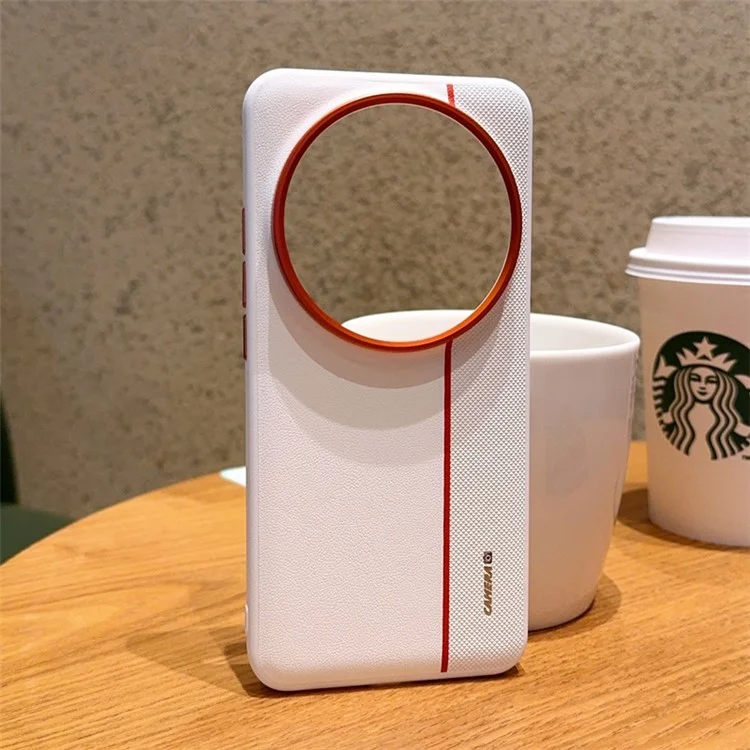 Étui pour Xiaomi 15 Ultra Hybride PC + Cuir PU avec Bague de Lentille Métallique / Boutons - Blanc