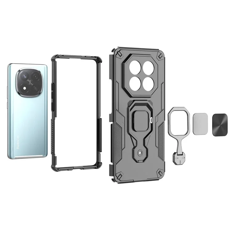 Funda para Xiaomi Redmi Note 14 Pro+ 5G con Anillo Giratorio y Soporte Plegable, Carcasa Híbrida PC + TPU Antigolpes - Negro
