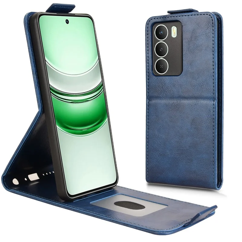 Capa de Couro Flip Vertical com Suporte para Realme 14x 5G / V70s 5G / V70 5G, Fecho Magnético e Porta-cartões - Azul Escuro