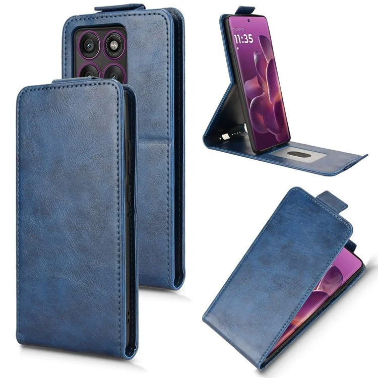 For Motorola Edge 60 Pro 5G Stand Case Magnetic Clasp Vertical Flip Leather Phone Cover with Card Holder - Dark Blue
