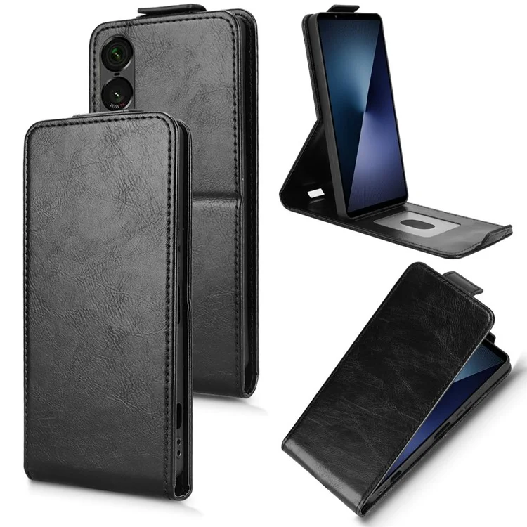 For Sony Xperia 1 VII Stand Case Magnetic Clasp Vertical Flip Leather Phone Cover with Card Holder - Black