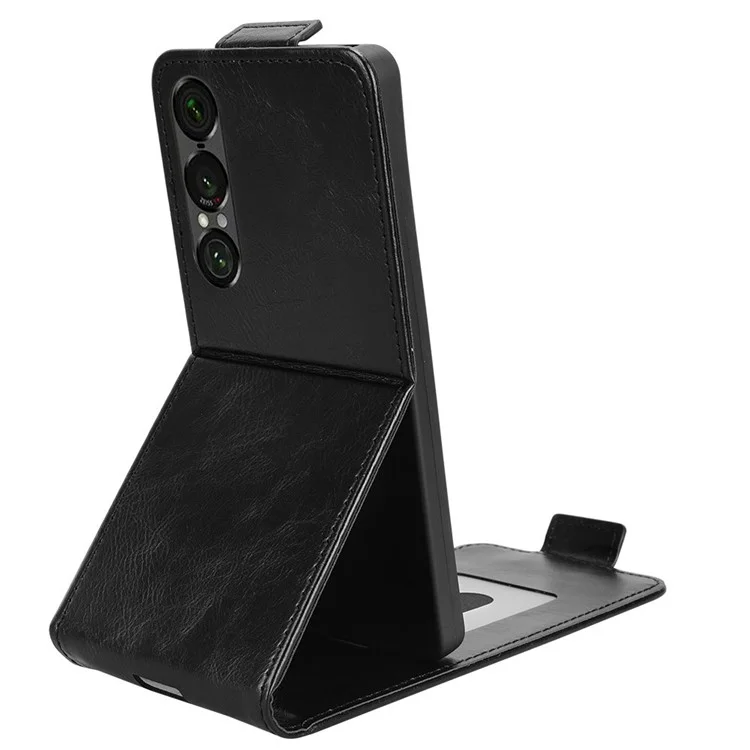 For Sony Xperia 1 VII Stand Case Magnetic Clasp Vertical Flip Leather Phone Cover with Card Holder - Black
