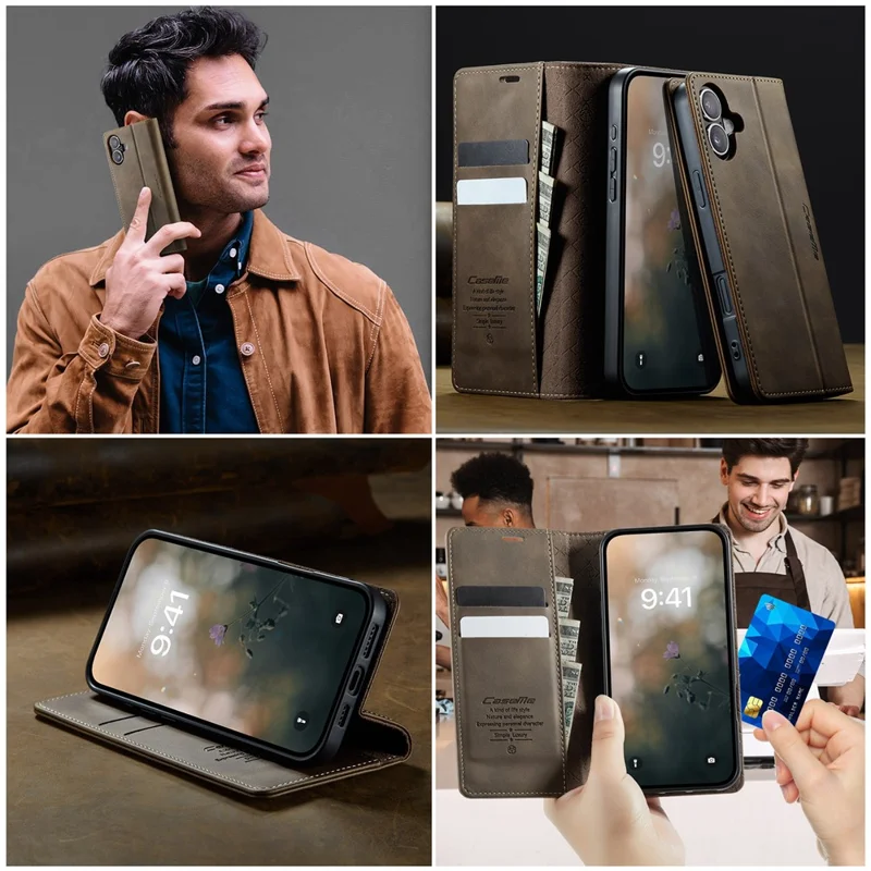 CASEME 033 Серия для iPhone 16 Чехол RFID Блокировка Бумажник Стенд Телячья текстура Кожаный чехол для телефона - Кофе