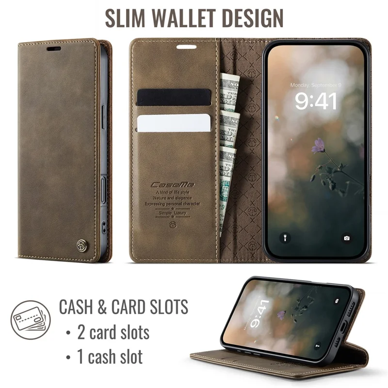 CASEME 033 Серия для iPhone 16 Чехол RFID Блокировка Бумажник Стенд Телячья текстура Кожаный чехол для телефона - Кофе