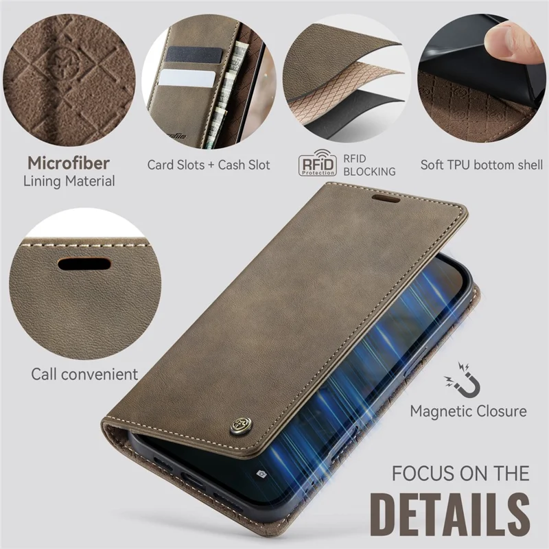 CASEME 033 Серия для iPhone 16 Чехол RFID Блокировка Бумажник Стенд Телячья текстура Кожаный чехол для телефона - Кофе