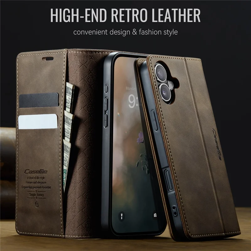 CASEME 033 Серия для iPhone 16 Чехол RFID Блокировка Бумажник Стенд Телячья текстура Кожаный чехол для телефона - Кофе