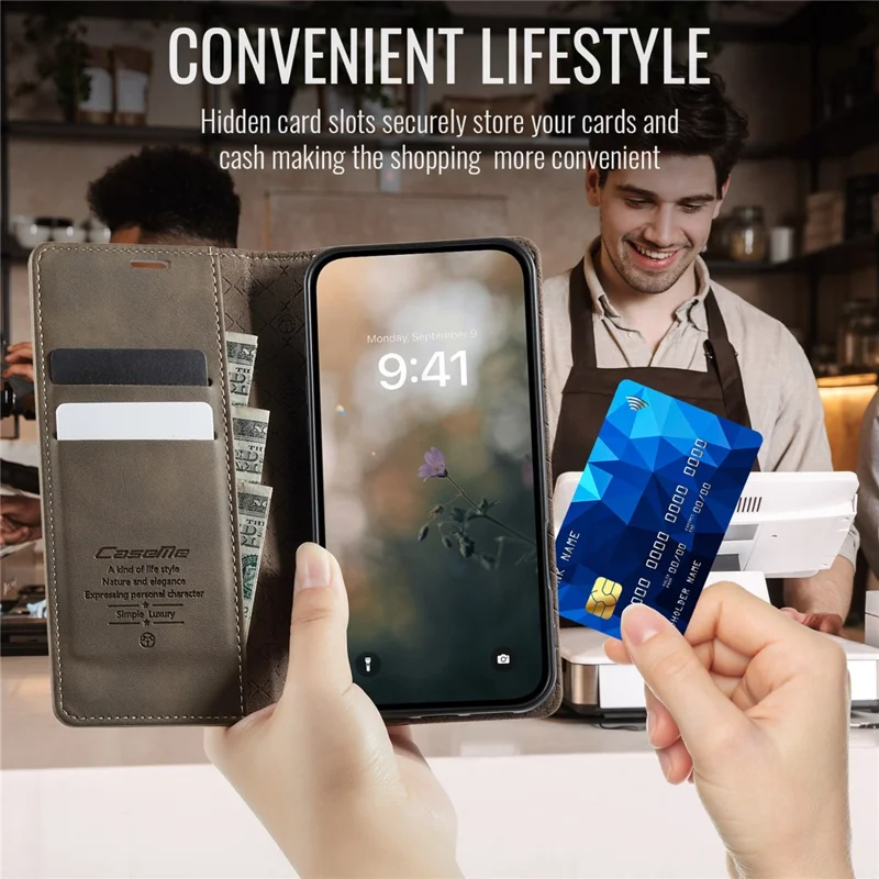 CASEME 033 Серия для iPhone 16 Чехол RFID Блокировка Бумажник Стенд Телячья текстура Кожаный чехол для телефона - Кофе